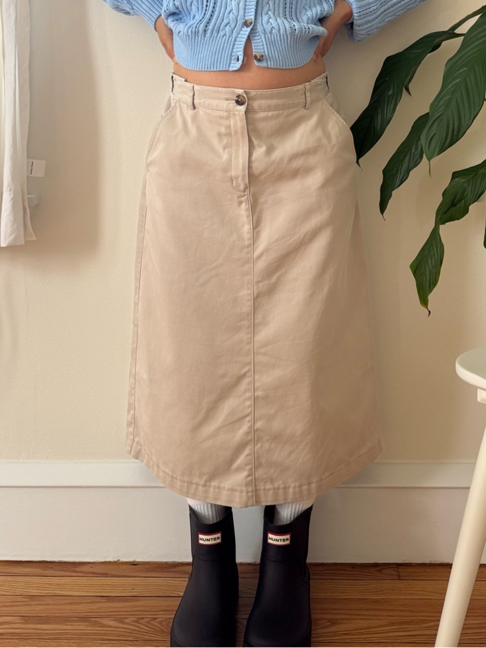 LL Bean 100% Cotton Original Fit Light Khaki Straight Midi Skirt Y2K Size 8